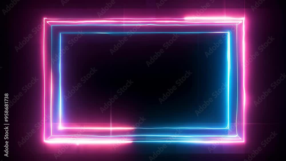 A vibrant neon frame glows against a dark backdrop, showcasing a blue and pink gradient. Perfect for digital media, advertising, and dynamic video backdrops. A vibrant neon frame glows against a dark backdrop, showcasing a blue and pink gradient. Perfect for digital media, advertising, and dynamic video backdrops.