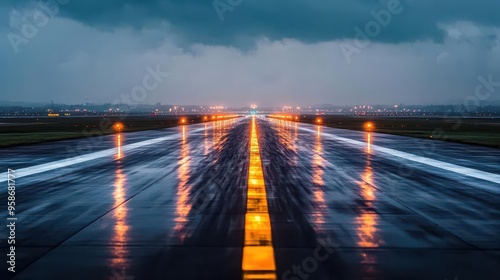 A rainy night view of an airport runway with glowing runway lights