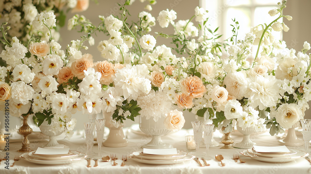 Professional photo of many white flowers on a table with wedding decorations. Text space. Aesthetic photo. Professional photo of many white flowers on a table with wedding decorations. Text space. Aesthetic photo.