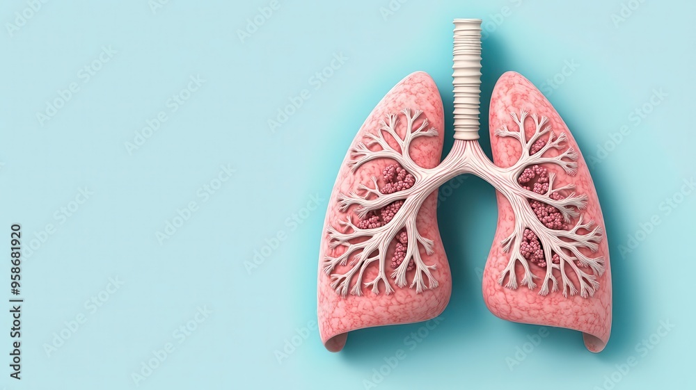 Inflamed lungs during an allergic reaction, immune system focus, 3D illustration Inflamed lungs during an allergic reaction, immune system focus, 3D illustration