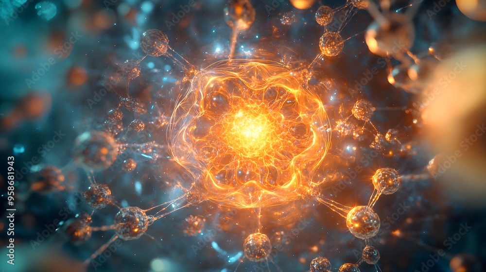 34. Artistic view of a nutrient atom surrounded by intricate, radiant molecular patterns 34. Artistic view of a nutrient atom surrounded by intricate, radiant molecular patterns