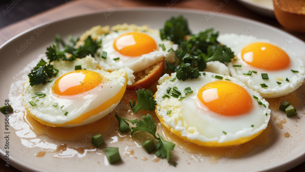 A plate of fried eggs with chives and a piece of toast. A plate of fried eggs with chives and a piece of toast.