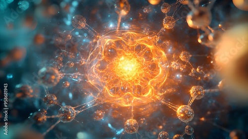 34. Artistic view of a nutrient atom surrounded by intricate, radiant molecular patterns