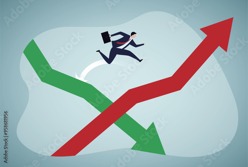Economic volatility. Recovering from the stock market crisis. adapt, deal with the stock market downturn or Bear Market. businessman jumping from green down to rising up arrow.