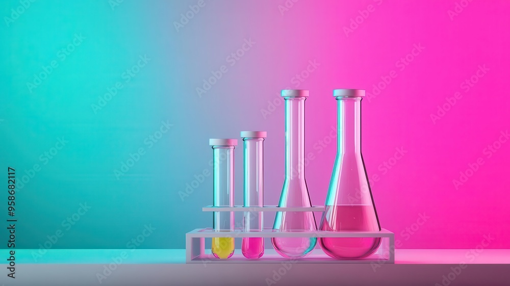 Neonlit laboratory with glass vials and test tubes, vibrant scientific experiments, experimental lab, colorful science
