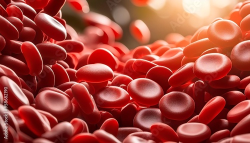 The image shows red blood cells flowing through a vein, surrounded by vibrant colors like red, pink, and white, with elements resembling hearts, candy, and medicine, creating a blend of health and lov