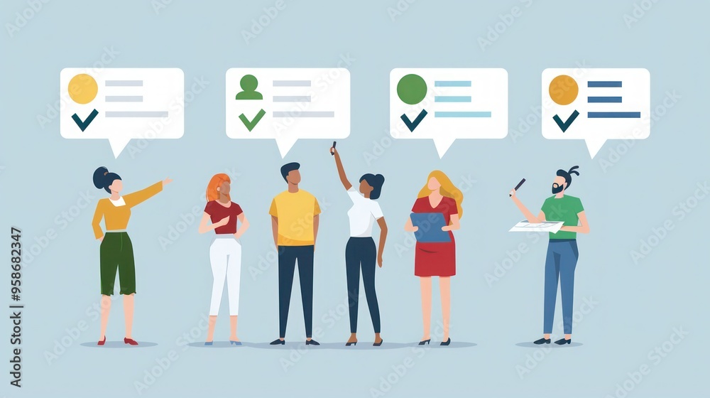 Illustration of a survey concept with diverse respondents giving feedback. Illustration of a survey concept with diverse respondents giving feedback.