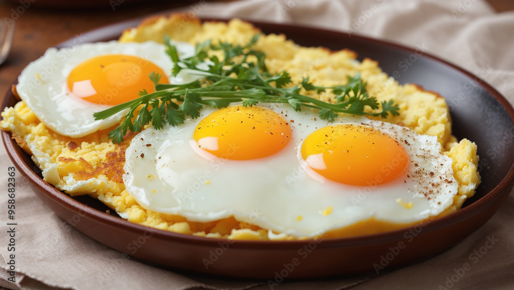 A plate of fried eggs with chives and a piece of toast. A plate of fried eggs with chives and a piece of toast.