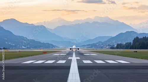 A panoramic view of a runway with mountains in the background and a plane landing