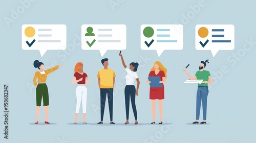 Illustration of a survey concept with diverse respondents giving feedback. 