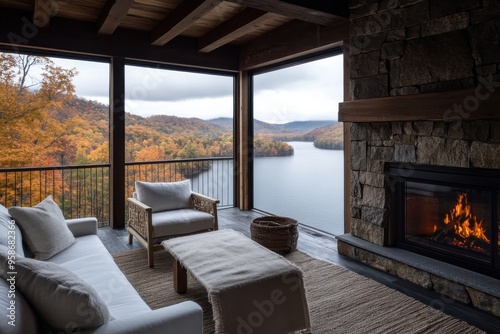 A stylish living room with a stone fireplace and modern furniture, offering a panoramic view of a lake and surrounding autumn-colored hills through large, open windows.