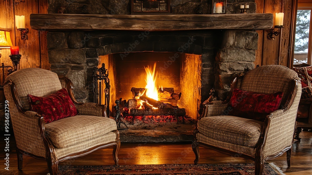 Two chairs facing a fireplace with a burning fire Two chairs facing a fireplace with a burning fire