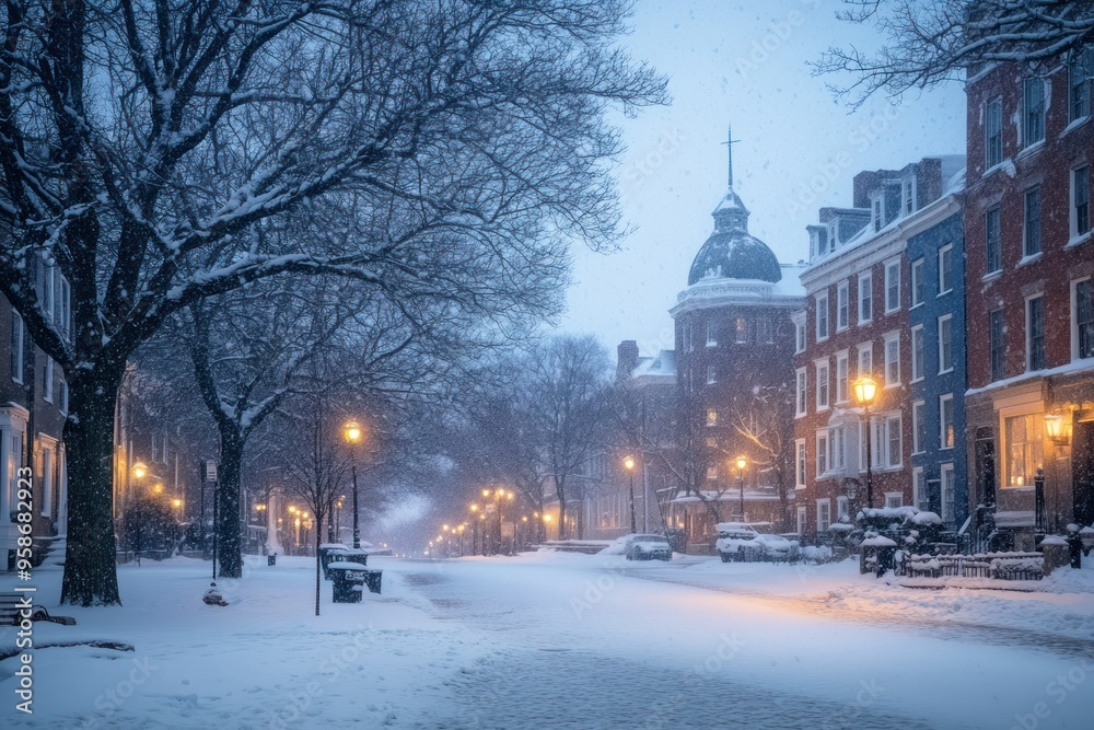 Fototapeta premium Snow-covered street with brick buildings and streetlights during a snowfall