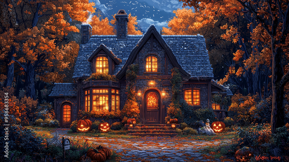 The house is decorated for Halloween. Cartoon style. Night. The house is decorated for Halloween. Cartoon style. Night.