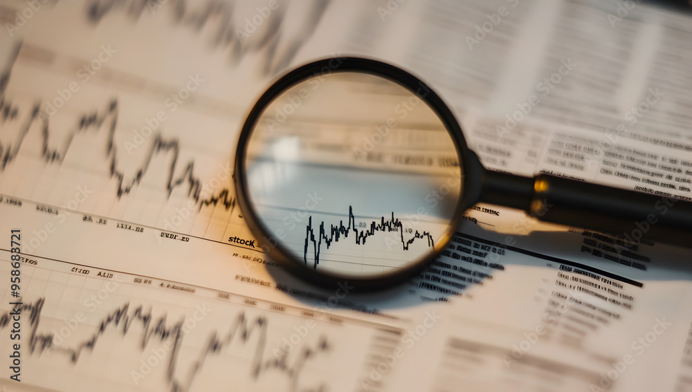 Magnifying Glass Scrutinizing Financial Charts and Graphs in Market Newspaper Magnifying Glass Scrutinizing Financial Charts and Graphs in Market Newspaper