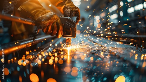 A close-up of a worker cutting metal with an angle grinder, creating sparks in a dynamic industrial environment. Ideal for illustrating manufacturing, industry, and heavy machinery.