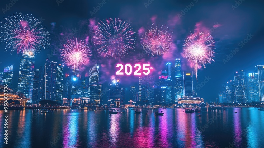Obraz premium Fireworks burst above a city skyline, with 