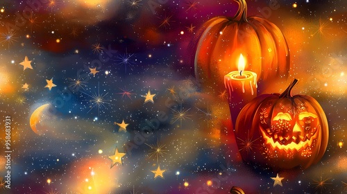 A pumpkin with intricate carvings, illuminated by a flickering candle, against a backdrop of stars and a moonlit sky. –tile  photo