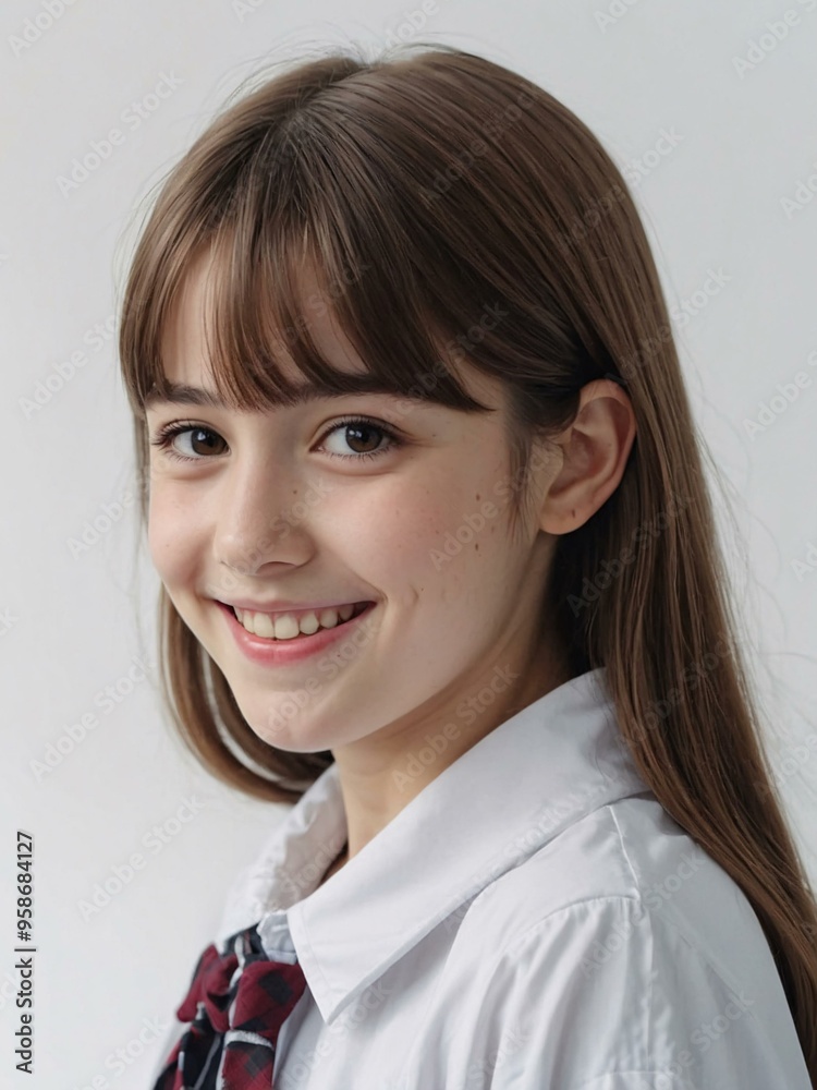 Smiling schoolgirl with rich brown hair, looking cute against a plain white backdrop in anime cartoon style. Smiling schoolgirl with rich brown hair, looking cute against a plain white backdrop in anime cartoon style.