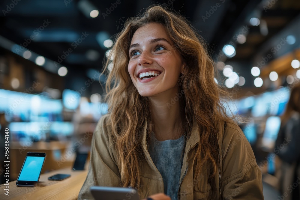 Fototapeta premium A cheerful young woman with wavy blonde hair and a casual jacket is holding a smartphone while enjoying her visit to a well-lit and vibrant electronics store.