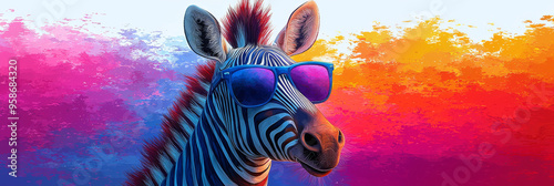 A cool zebra wearing sunglasses against a colorful background.
