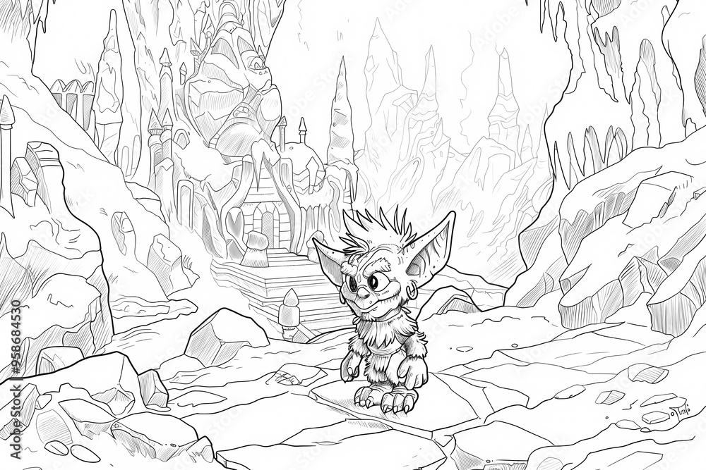 Fototapeta premium A whimsical goblin character with pointy ears in a mystical cave setting, showcasing a detailed fantasy landscape.