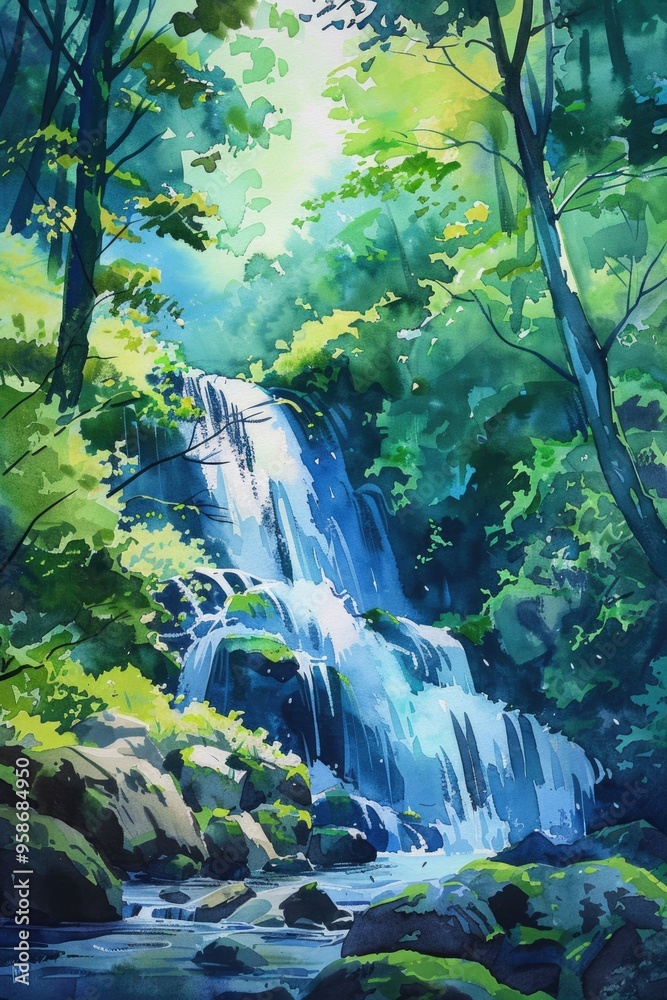 Hand-Painted Waterfall in Enchanted Forest - Natural Beauty Landscape in Watercolor Style Hand-Painted Waterfall in Enchanted Forest - Natural Beauty Landscape in Watercolor Style
