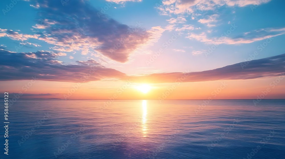 Obraz premium Serene ocean sunset with colorful sky and calm waves 