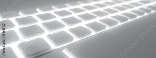 a high-tech keyboard with backlighting, placed on a white background, with soft natural light enhancing the keys and illumination