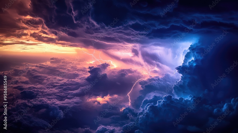 Aerial view from space of a major thunderstorm with swirling clouds and vivid lightning, capturing the storm's powerful features Aerial view from space of a major thunderstorm with swirling clouds and vivid lightning, capturing the storm's powerful features