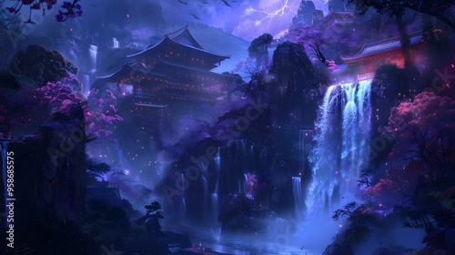 A mystical waterfall cascades beside traditional Asian architecture, nestled among towering cliffs under a twilight sky. The serene scene blends nature and culture, evoking a sense of tranquility and 