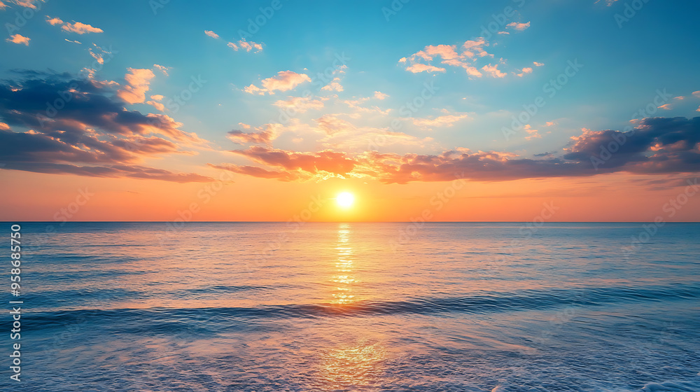 Naklejka premium Serene ocean sunset with colorful sky and calm waves 