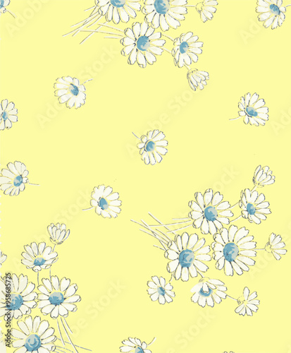 A pale yellow background with a scattered pattern of white daisies with blue centers, creating a delicate and tranquil design.