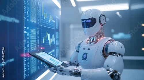 Advanced robot working with a tablet, analyzing charts and graphs, high-tech office with bright colors