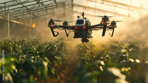 Obraz na plátně Advanced farming scene with a drone and robotic arm optimizing irrigation and pl