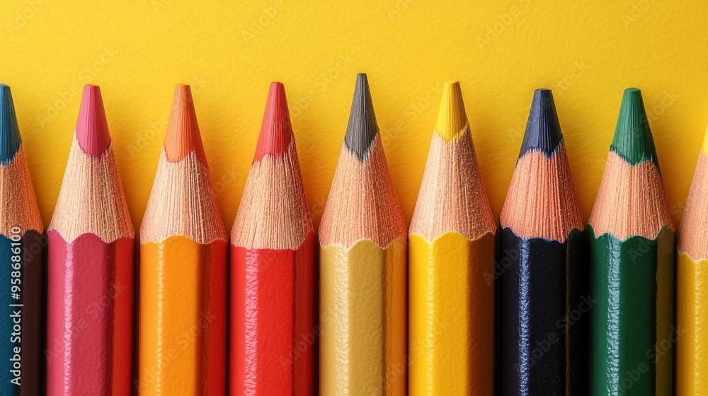 Colorful Row of Pencils on Yellow Background Generative AI Colorful Row of Pencils on Yellow Background Generative AI