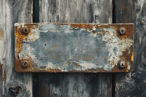 Rusted Metal Plate Attached to Weathered Wooden Boards