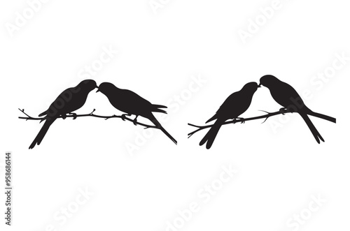 Bird couple on branch love silhouette vector illustration