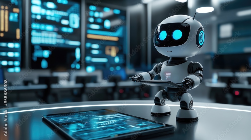 Advanced AI robot managing tasks on a tablet, sleek modern office with vibrant digital displays Advanced AI robot managing tasks on a tablet, sleek modern office with vibrant digital displays