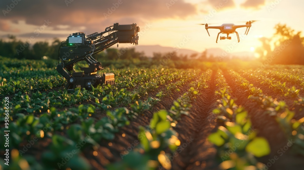 Advanced farm scene with a robotic arm performing tasks and a drone providing aerial support Advanced farm scene with a robotic arm performing tasks and a drone providing aerial support