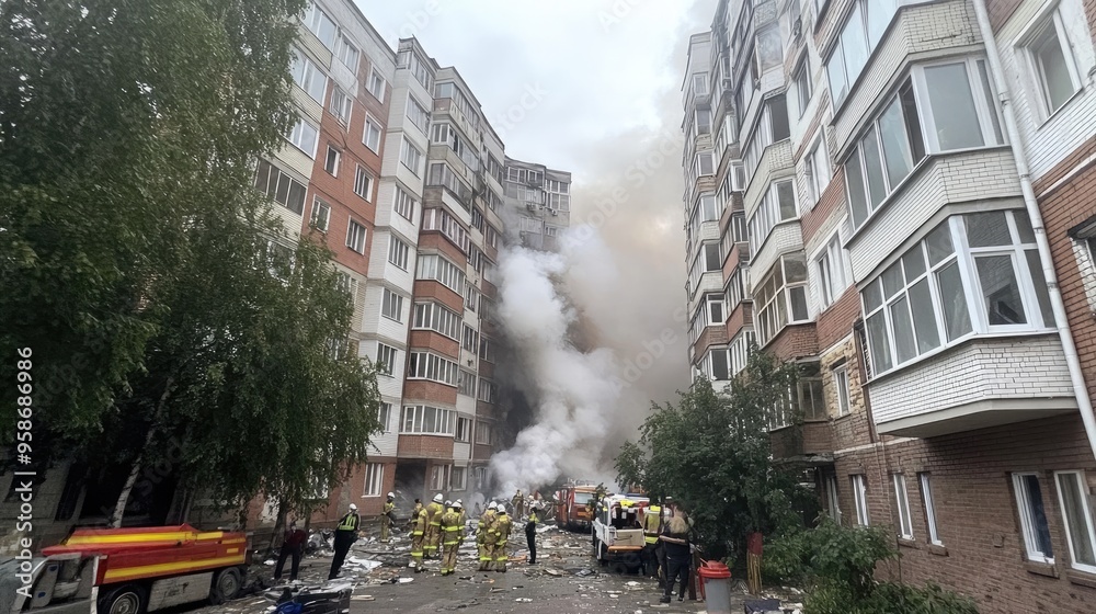 Obraz premium An apartment building in Khorb is ablaze, with smoke and fire billowing from its windows. Nearby soldiers maintain order as onlookers gather at a multi-story house