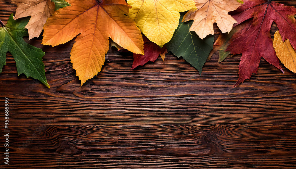 Autumn background with colored leaves on a wooden background Autumn background with colored leaves on a wooden background