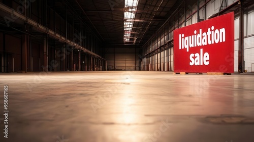 A spacious warehouse features a large sign announcing a liquidation sale, highlighting the need for clearance of stock and inventory. photo