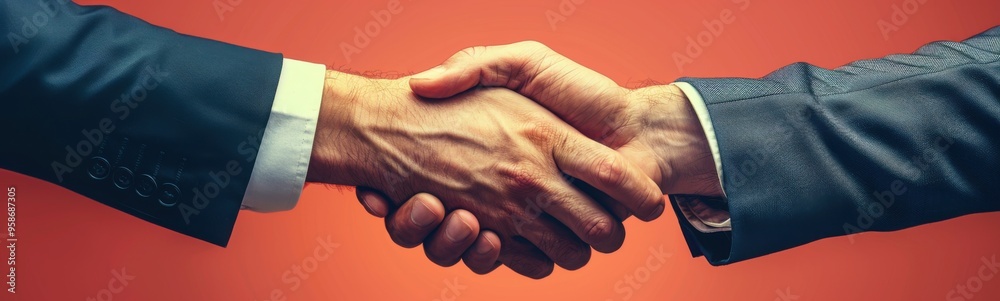 Fototapeta premium Two men shaking hands with each other, banner, copy space