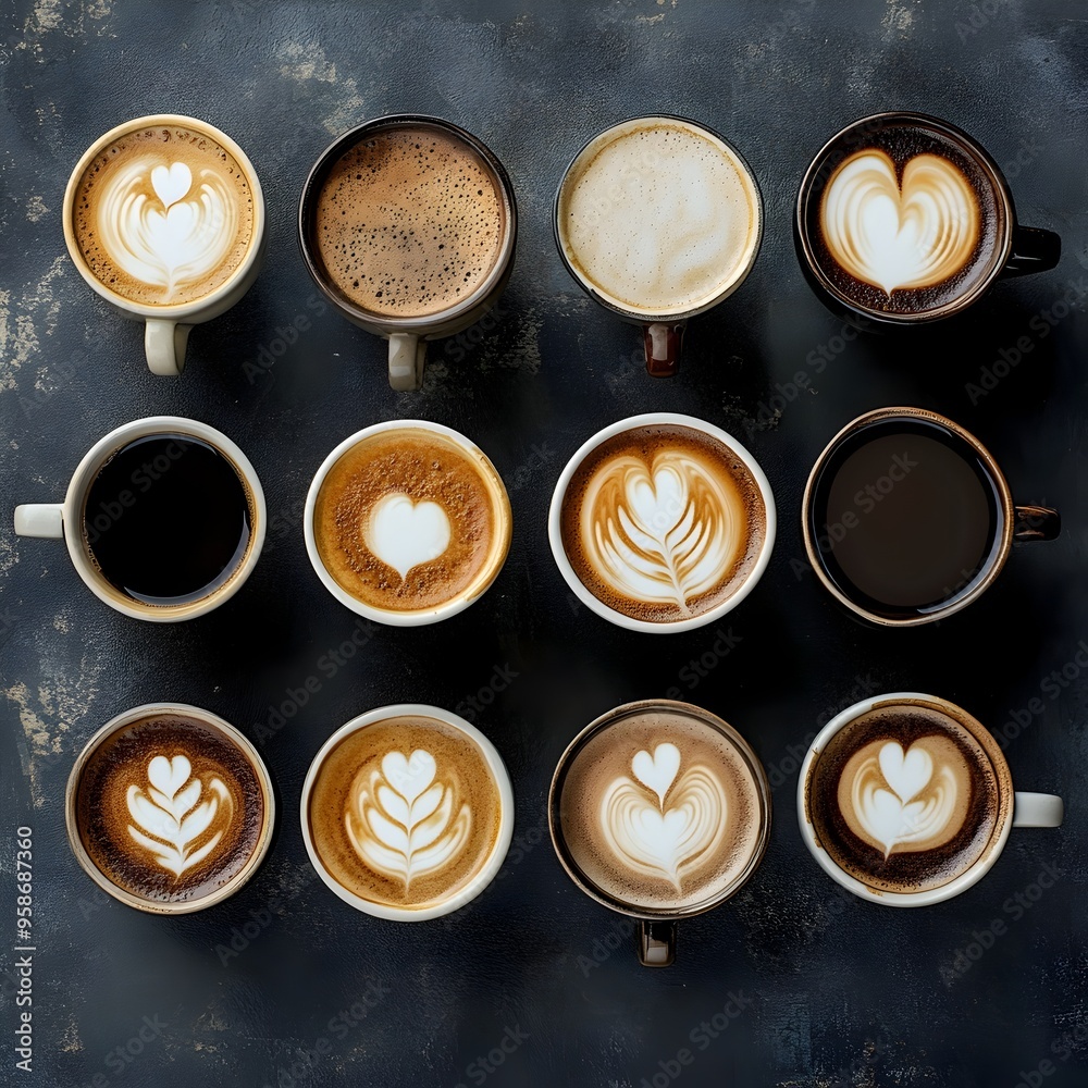 Assortment of Artfully Crafted Coffee Cups in Minimalist Arrangement on Textured Background Assortment of Artfully Crafted Coffee Cups in Minimalist Arrangement on Textured Background