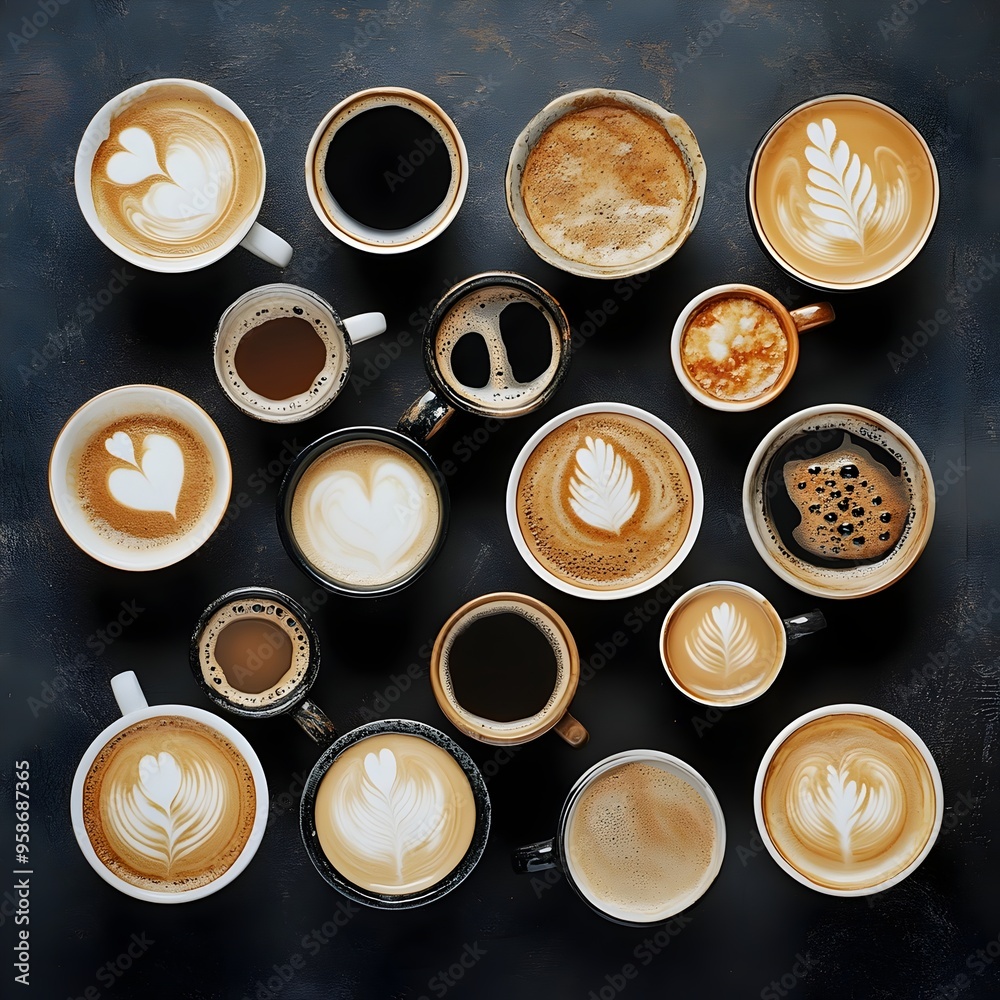 Artful Arrangement of Diverse Coffee Cups Showcasing Exquisite Latte Art and Rich Crema against a Dramatic Textured Background Artful Arrangement of Diverse Coffee Cups Showcasing Exquisite Latte Art and Rich Crema against a Dramatic Textured Background