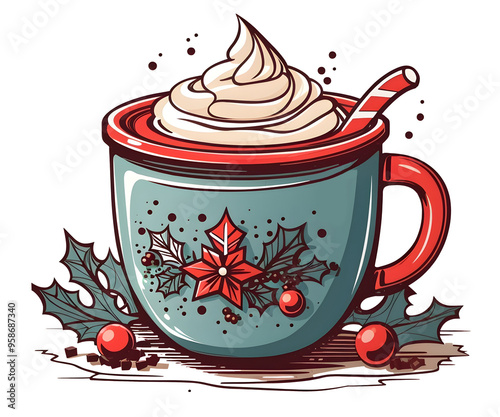 A festive mug of hot chocolate with whipped cream, decorated with holly and berries.
