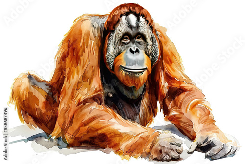 Beautiful Orangutan Watercolor Clipart, Ape Colored Design for Your Corporate and Business Graphic Resource or Creative Project, Ai Generative photo