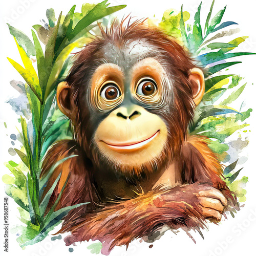 Beautiful Orangutan Watercolor Clipart, Ape Colored Design for Your Corporate and Business Graphic Resource or Creative Project, Ai Generative photo