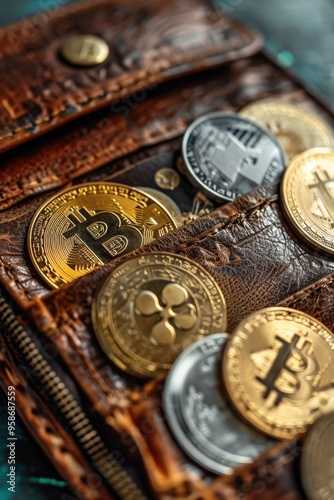 Conceptual image of a leather wallet overflowing with various cryptocurrencies, illustrating wealth in the digital age.